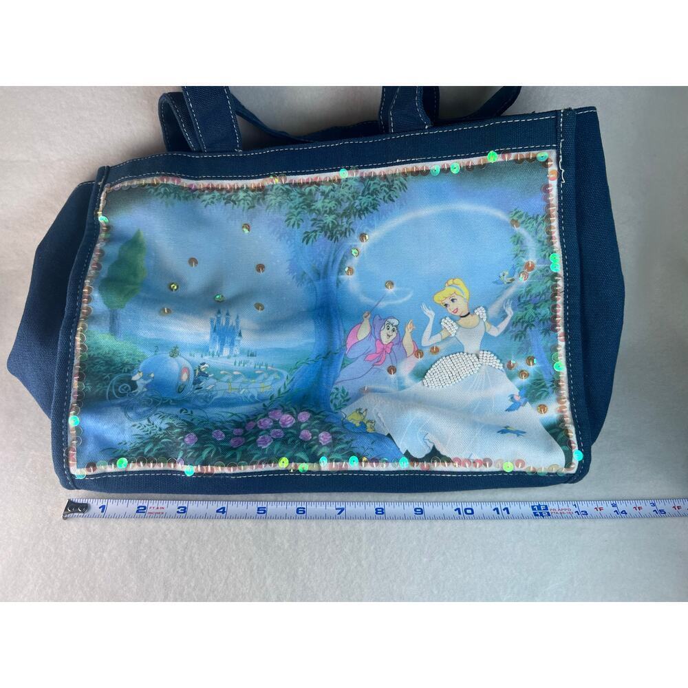 Disney Cinderell & Fairy God Mother Beaded Sequin Blue Canvas Tote Bag - Picture 6 of 12